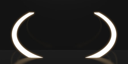 backlit display with curved frame display stand neon light black background 3D renderingの写真素材