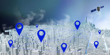 communication satellite Internet system GPS pins New York City 3D illustration