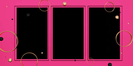 black text frame on a pink background Decorated with beads and rings 3D illustration