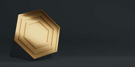 Hexagonal gold leaf floats above the dark scene for decorating text and advertising 3D illustrationの写真素材