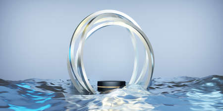 Product Stand a product display on the reflection of the water Elegant and modern concept 3D illustrationの写真素材