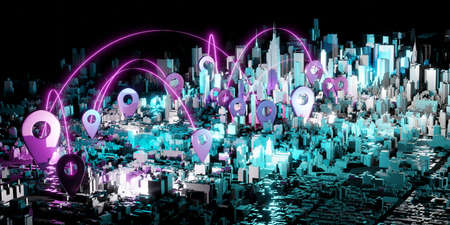 pin on new york map usa dark tone glow pin connection communication and service delivery 3d illustrationの写真素材