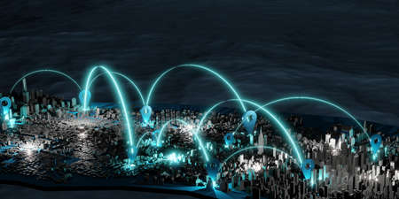 pin on new york map usa dark tone glow pin connection communication and service delivery 3d illustrationの写真素材