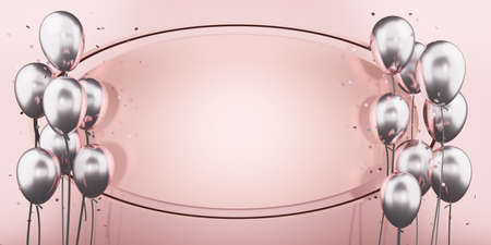 happy new year and christmas light pink text frame and balloons background 3d illustrationの写真素材