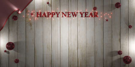new year and christmas background wooden floor backdrop ribbon and ball glitter decoration luxury 3d illustrationの写真素材
