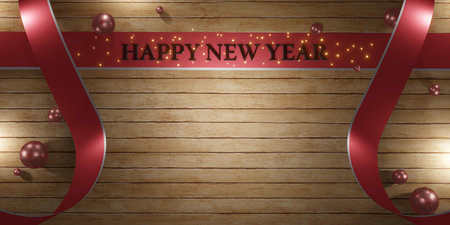new year and christmas background wooden floor backdrop ribbon and ball glitter decoration luxury 3d illustrationの写真素材