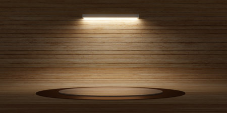 product display wooden plinth on the floor wooden wall product stand product shelf 3d illustration backgroundの写真素材