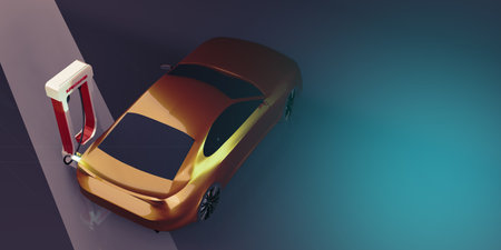 EV electric car with battery charging at the electric charging station 3D illustrationの写真素材