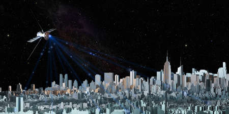 Transmitting signals through communications satellites in the sky and the capital city with tall buildings 3D illustrationの写真素材