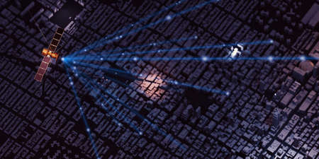 Transmitting signals through communications satellites in the sky and the capital city with tall buildings 3D illustrationの写真素材