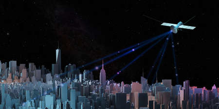 Transmitting signals through communications satellites in the sky and the capital city with tall buildings 3D illustrationの写真素材