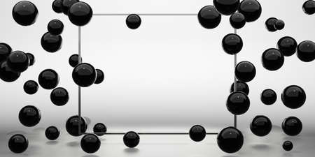 Display boxes and text boxes surrounded by glass beads pearls dark tones 3d illustration