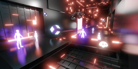 avatar in virtual world of Metaverse world vr glasses VR camera virtual world city and people 3d illustrationの写真素材