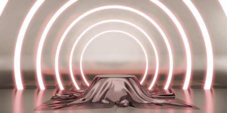 backlit display with curved frame display stand neon light black background 3D renderingの写真素材