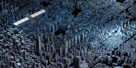Transmission of satellite signals in the sky Above the big city Filled with tall buildings 3d illustrationの写真素材