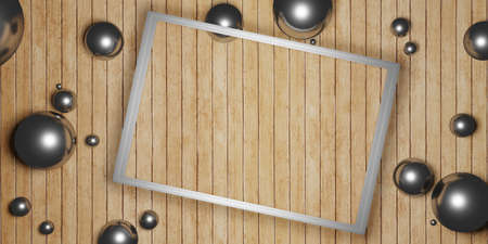 Square frame on wooden wall for displaying messages. Label background and text layout 3d text illustrationの写真素材