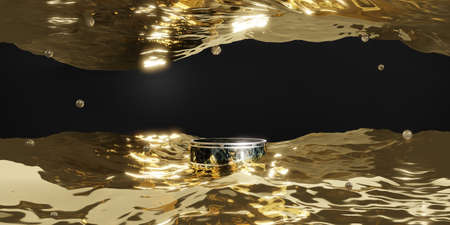 Exhibition base and products marble stand on the golden water surface 3d illustrationの写真素材