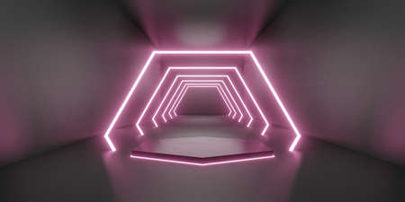 product shelf background in room with hexagon laser light Technological style floor and wall 3D...