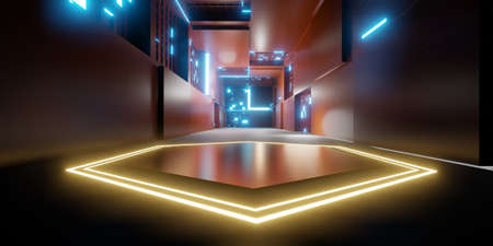 Technology floor and wall The background of the product base in the room with hexagon laser light 3D...