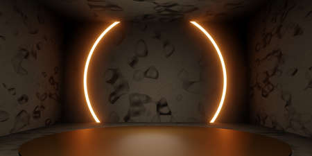 room and product shelf decorated with circular laser light with technology style floor and wall patterns 3D illustrationの写真素材