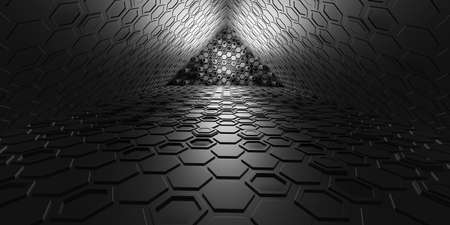hexagon texture light tunnel corridor technology modern futuristic science fiction background 3d illustrationの写真素材