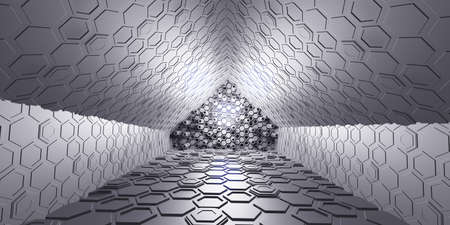 tunnel corridor hexagon texture technology modern futuristic science fiction background 3d illustrationの写真素材