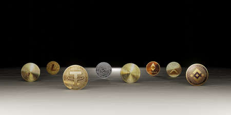 Bitcoin Cryptocurrency Coins Futuristic Skyline Background Technology Backdrop Modern Abstract 3D Illustrationの写真素材