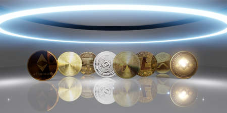 Bitcoin Cryptocurrency Coins Futuristic Skyline Background Technology Backdrop Modern Abstract 3D Illustrationの写真素材
