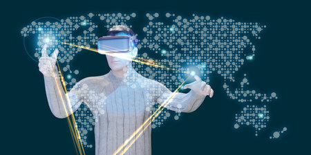man wearing vr glasses holographic world map Virtual touch and virtual world navigation technology...