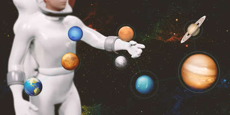 astronauts and solar system planets and stars 3d illustration of