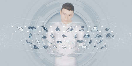 Doctor and treatment hologram display Healthcare network innovation and technology 3d illustration