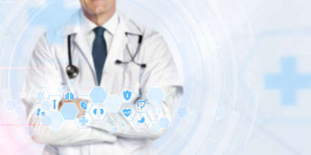 doctor and stethoscope in hand touch modern medical network icon Maintaining a connected virtual network 3D illustrationの写真素材