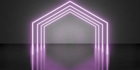 Hexagon laser light room background Neon light Technology style floor and wall 3D illustrationの写真素材