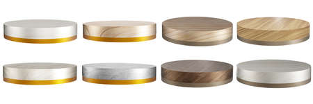 gold edged wooden podium Product display stand with wooden base  set included 3d illustration isolated on a white backgroundの写真素材