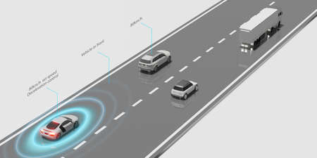 Autopilot ADAPTIVE CRUISE CONTROL system EV Front car distance Auto emergency braking  emergency braking to avoid collisions 3D renderingの写真素材