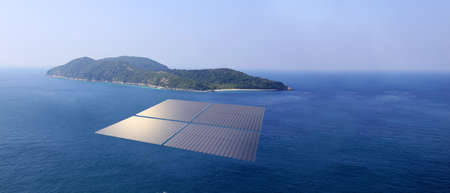 Solar photovoltaic station in the dam Floating solar panel raft  aerial view solar cells on water 3d...