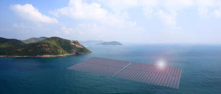 Solar photovoltaic station in the dam Floating solar panel raft  aerial view solar cells on water 3d...