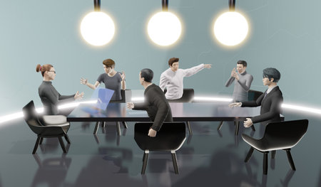 Metaverse, online meetings in the offices and classrooms of Metaverse avatars of people in virtual...