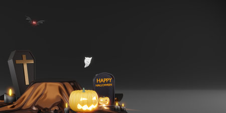 halloween background podium coffin bats and pumpkins 3d illustrationの写真素材