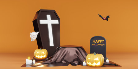 halloween background podium coffin bats and pumpkins 3d illustrationの写真素材