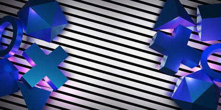 background Neon game symbols technology and with neon triangles game pieces triangle cross square...