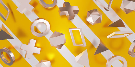 background Neon game symbols technology and with neon triangles game pieces triangle cross square...