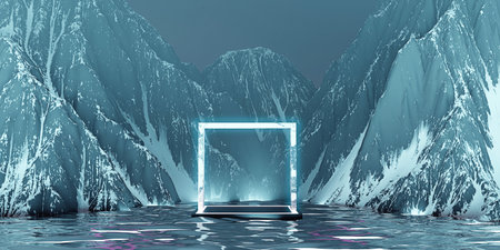 mountain and sea podium background Cosmetic stand and neon light stick water surface and mountain...