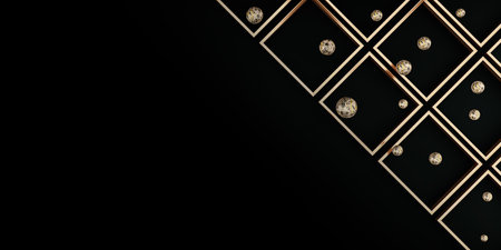 Golden frame and golden ball on a black background Empty golden frame and background simple minimalist style interior backdrop Space for text 3D illustrationの写真素材