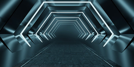 Sci Fy Neon Glow Dark Corridor spaceship corridor tunnel futuristic technology Empty tunnel room with glowing neon colors background 3D illustrationの写真素材
