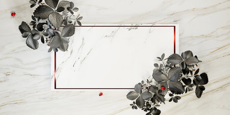 Marble background Leaf frame Vintage style Marble slab covered with green leaves Strawberry tree and...