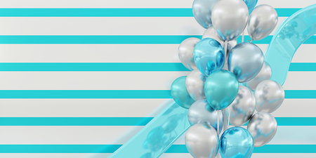 striped background balloons and ribbons Fun bright colors 3D illustrationの写真素材