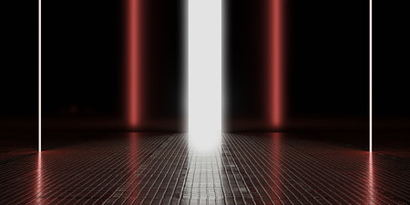 Blank scene Technology neon lights and lasers Radiation reflection background 3d illustration Modern showroomの写真素材