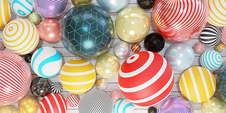Colorful spheres background on wooden background beads pearls decorative glass balls geometric backdrop Modern cover design Billboard 3D illustrationの写真素材