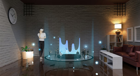 Metaverse and female avatars through VR glasses working and trading stocks online business vr...